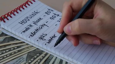 Defterde ev giderleri yazan bir kadın. Bir dolar nakit para elektrik, benzin ve su faturalarını sayıyor. Verimli Tüketim ve Ekonomi kavramı. Harcama alışkanlıkları