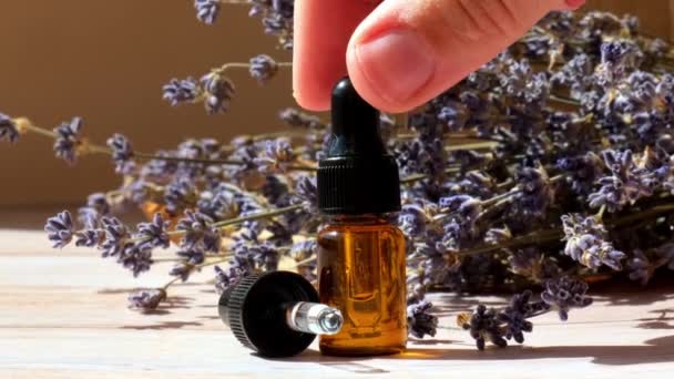 Dried Lavender Flowers Glass Dropper Natural Essential Oil Organic Herbal — Stock Video