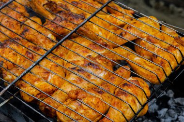 Barbekü pikniği zamanı kızarmış tavuk budu ve ızgarada kanat. Dışarıda ızgara ızgara ızgara ızgara ızgara lezzetli ızgara tavuk bifteği dumanlı ve yazın arka bahçede sulu et.