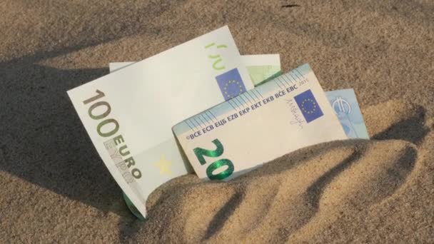 砂のビーチでお金100 20ユーロの請求書 休暇のために節約するコンセプトファイナンス 旅行の休日のコスト シャドウズ バンド — ストック動画