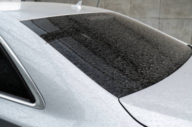 Dokunulmaz oto yıkamada lüks gümüş araba yıkamadan önceki kirli araba detayları. Arabanın detaylarını temizliyorum. Kentsel çevrede temizlik ve düzen