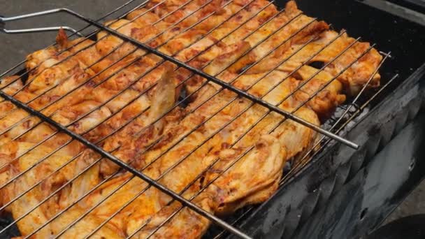 Bbqピクニック時間 グリルにチキン足と翼をロースト 屋外グリルグリッドのおいしいバーベキューチキンステーキのグリルミート 夏の裏庭でジューシーな肉 — ストック動画