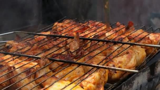 Heerlijke Kip Bakken Barbecue Rooster Buiten Kruiden Vallen Verse Gegrilde — Stockvideo