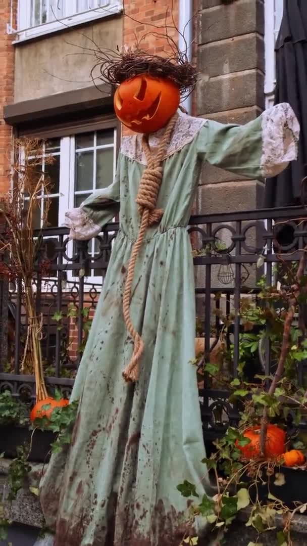 Κάθετη Εξωτερική Όμορφη Ατμοσφαιρική Halloween Τρομακτικό Κολοκύθα Σκιάχτρο Διακοσμημένα Στη — Αρχείο Βίντεο