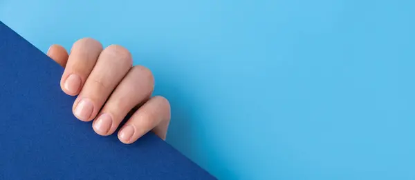 stock image Pastel softness manicured nails on blue background. Mock up template copy space Woman showing her new manicure in colors of pastel palette. Simplicity decor fresh spring vibes earth-colored neutral