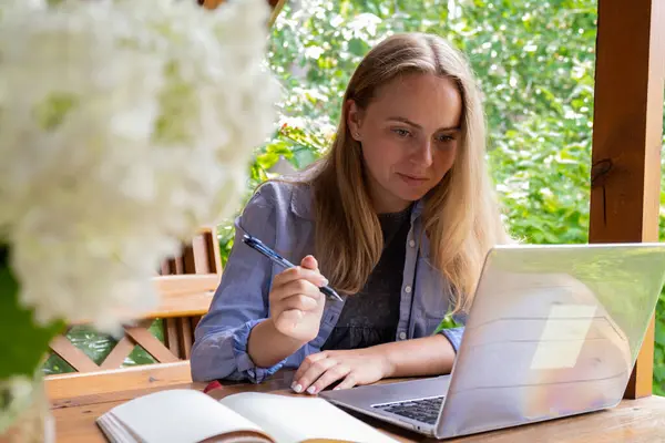 Bayan öğrencinin açık havada, bahçedeki ahşap oyukta online ders eğitimi var. Laptop 'ta iş yerinde oturan sarışın kadın görüntülü görüşme yapıyor. Doğayla birlik