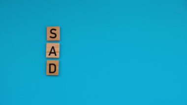 Sezonluk Duyarlılık Bozukluğunu Durdur - mavi parlak arka planda tahta blokların metni. Depresyon, stres ve endişe kavramı. SAD refahı 