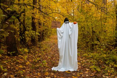 Hayalet kostümü giymiş bir adam elinde kartonla Cadılar Bayramı için beni Cadılar Bayramı 'nda turuncu sarı yaprakların arasına balkabağı ve Cadılar Bayramı' na götür. Havalı hayalet yaratıcı bayram kutlaması