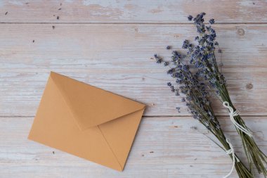 Boş bej renkli kağıt şablonu. Metnin için alanı kopyala. Lavanta çiçeği. Selamlama ya da davetiye kartı içinde zarf yok. Üst manzara, düz uzanma