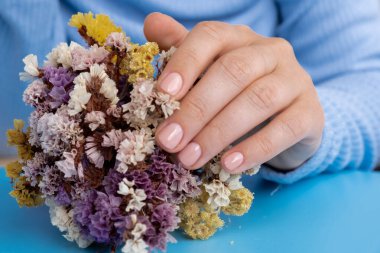 Pastel yumuşaklığı mavi arka planda manikürlü tırnaklar. Pastel paletin renginde yeni manikürünü gösteren bir kadın. Basitlik dekoru Taze bahar titreşimleri Toprak renginde nötr tonlar tasarım