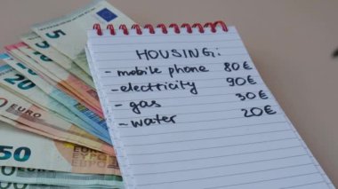 Avro parası. Kadın konut giderlerini yazar ve hesaplar. Elektrik, gaz ve su faturalarını sayıyorum. Verimli Tüketim ve Ekonomi kavramı. Harcama alışkanlıkları