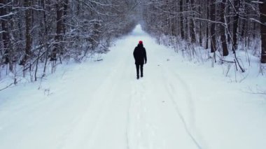 Kış ormanlarında Noel Baba şapkası takan bir adam. Hava manzaralı güzel karlı ağaçlar. Kış mevsiminde yol. Soğuk sabah seyahati konsepti. İnanılmaz kış sahnesi. Noel teması. Ladin kaplı