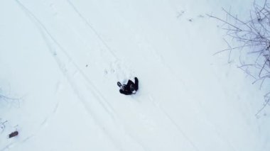 Adam kış ormanlarında kafa egzersizleri yapıyor. Manzara çok güzel. Açık hava aktiviteleri ve ekolojik turizm. Doğal kış mevsimi geçmişi. İHA 'nın karını kaplayan hava manzaralı ağaç