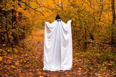 Sonbahar ormanı Cadılar Bayramı 'nda turuncu sarı yapraklar arasında dans eden hayalet kostümü giyen adam. Havalı hayalet yaratıcı tatil kutlaması sonbahar süslemesi. Gizemli Kopyalama Boşluğu 