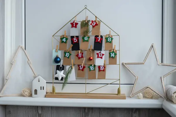 stock image Traditional twenty four days advent calendar before Christmas holidays. Plastic free zero waste sustainable decoration. Winter cozy home Catholic traditions of Christmas countdown new year. Holiday