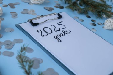 2025 GOALS Handwritten promises and aims. Preparation for new year new life new me. Visualizing wish list for 2025. Dreams plan action resolutions for coming year. Inspirational self improvement clipart