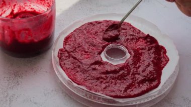 Tanınmayan bir kadın ev yapımı lezzetli ev yapımı organik tatlı farklı meyvelerden yapılmış. Ev yapımı pastil hazırlanıyor. Ev yapımı vegan kurutulmuş meyve derisi kavramı. Sağlıklı