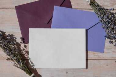 Beyaz kağıttan tebrik kartının düz kompozisyonu kuru lavanta çiçekleriyle dolu zarfın üzerindeydi. Uzay şablonunu kopyala. Üst Manzara. Düğün davetiyesi kartpostalı konsepti. Ticari reklam markası boş