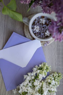 Empty envelope copy space paper note with Tasty black tea in white cup on windowsill with aromatic lilac flowers. Spring composition Cup of lilac tea drinking recipe flowering branches of purple lilac clipart