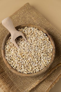 Çiğ inci arpa lapası glüten ücretsiz tahıl gevreği. Sağlık sigortası. Alternatif hecelenen tahıl bileşeni kavramı. Vejetaryen diyet tarifleri. Bitkisel yaşam tarzı. Boşluğu kopyala Protein zengini yemek 