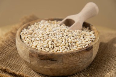 Çiğ inci arpa lapası glüten ücretsiz tahıl gevreği. Sağlık sigortası. Alternatif hecelenen tahıl bileşeni kavramı. Vejetaryen diyet tarifleri. Bitkisel yaşam tarzı. Boşluğu kopyala Protein zengini yemek 