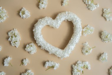 Aşkın sembolü. Bej arka planda kalp şeklinde güzel çiçek yaprakları. Sevgililer Günü 'nün yaratıcı konsepti, romantik bir tarih ya da yıldönümü. Boşluk tebrik kartını kopyala