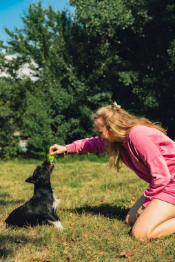 Genç bir kadın köpeğiyle ve horoz konseptiyle oynuyor. Yazın açık hava aktiviteleri. Kalıp dinlenme zamanı. Petrentlik evcil hayvan aşkı yaz dışında
