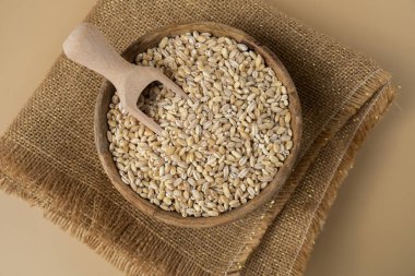 Çiğ inci arpa lapası glüten ücretsiz tahıl gevreği. Sağlık sigortası. Alternatif hecelenen tahıl bileşeni kavramı. Vejetaryen diyet tarifleri. Bitkisel yaşam tarzı. Boşluğu kopyala Protein zengini yemek 