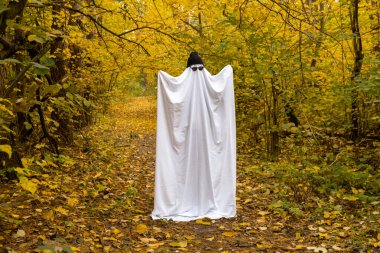 Sonbahar zamanı dışarıda moda cadılar bayramı kutlaması. Çarşaf, kep ve gözlüklerden yapılmış el yapımı hayalet kostümü. Sonbahar ormanı portakal yaprakları. 