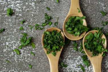 Tahta kaşıkta kuru maydanoz baharatı. Yemek pişirmek için ev yapımı otlar ve baharatlar. Taze kurutulmuş aromatik doğal gıda malzemeleri. Boşluğu kopyala 