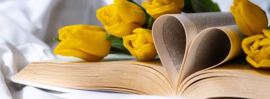 Kitap sayfaları, beyaz yatakta sarı taze lalelerle kalbe katlanmış. Bahar çiçekleri hediye fikri. Aşk edebiyatı ve eğitim kavramı Romantik tarih kartpostal tasarımı Boşluğu kopyala 