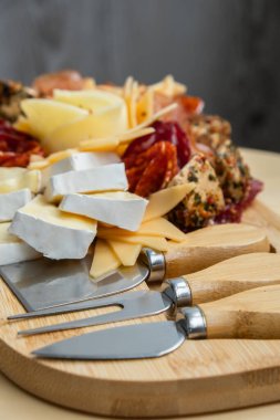 Tahta şarküteri peyniri bayram tatili fikri. Akşam yemeği için başlangıç tabağı ve şarap. İtalyan aperatifleri ya da gurme yemeklerle hazırlanmış antipasto. Açık büfe parti konsepti