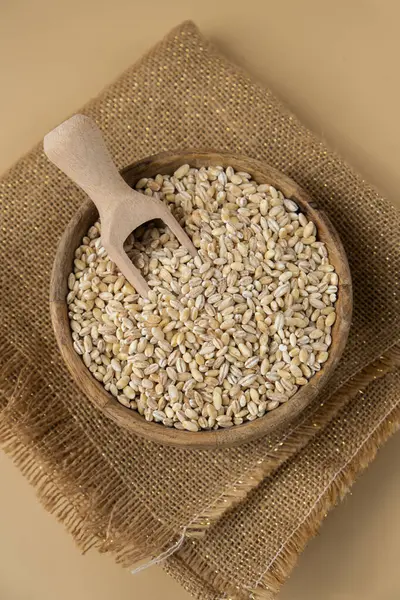 Tarafsız bej arka planda inci arpa. Tam hecelenmiş tahıl türü. Yüksek proteinli lif zengini vejetaryen gıda bileşeni. Glütensiz süper yiyecekler sağlıklı beslenme alternatifleri 