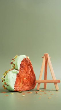 Yeşil arkaplanlı ve fotokopi alanı olan, kalp şeklinde şam fıstıklı kruvasan dolu bir tebrik kartı alın. Puf puf yeni moda tatlı pastanesi. Kremalı hamur deneyi 