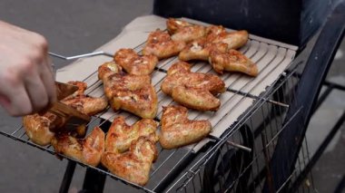 Barbekü pikniği zamanı kızarmış tavuk budu ve ızgarada kanat. Bahçe ızgarasında ızgara et. Bahçe bahçesinde yaz mevsiminde ızgara ızgara ızgara ızgara tavuk bifteği, dumanlı, sulu et.