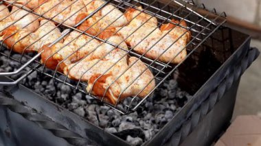 Barbekü pikniği zamanı kızarmış tavuk budu ve ızgarada kanat. Bahçe ızgarasında ızgara et. Bahçe bahçesinde yaz mevsiminde ızgara ızgara ızgara ızgara tavuk bifteği, dumanlı, sulu et.