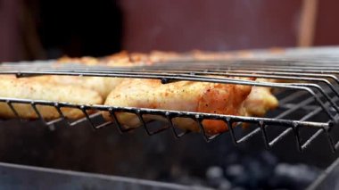 Barbeküde ızgara ızgarada kızarmış tavuk. Baharat taze ızgara tavuk kanatlarına dökülüyor. Yaz partisi yemekleri. Barbekü Sulu ızgara ızgarada kızarmış tavuk budu. 