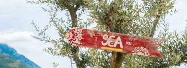 Yeşil zeytin ağacındaki ahşap yol tabelasında 