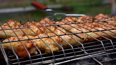 Barbeküde ızgara ızgarada kızarmış tavuk. Baharat taze ızgara tavuk kanatlarına dökülüyor. Yaz partisi yemekleri. Barbekü Sulu ızgara ızgarada kızarmış tavuk budu. 