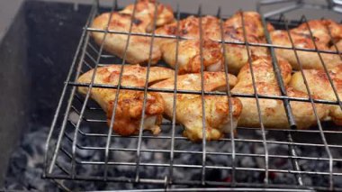 Barbekü pikniği zamanı kızarmış tavuk budu ve ızgarada kanat. Bahçe ızgarasında ızgara et. Bahçe bahçesinde yaz mevsiminde ızgara ızgara ızgara ızgara tavuk bifteği, dumanlı, sulu et.