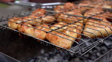 Barbekü pikniği zamanı kızarmış tavuk budu ve ızgarada kanat. Bahçe ızgarasında ızgara et. Bahçe bahçesinde yaz mevsiminde ızgara ızgara ızgara ızgara tavuk bifteği, dumanlı, sulu et.