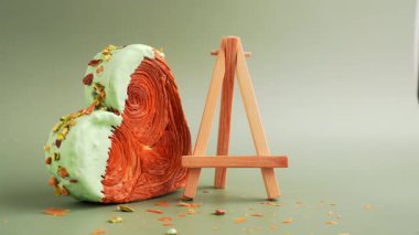 Mutlu Babalar Günü 'nde Matcha Green Tea aromalı Ganache' nin üzerine lezzetli taze kruvasan konulmuş tebrik kartı söyleniyor. Eşsiz kalp şekilli fırın. Puf puf böreği bayram aşkı hediyesi hediye fikri