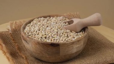 Tarafsız bej arka planda inci arpa. Tam hecelenmiş tahıl türü. Yüksek proteinli lif zengini vejetaryen gıda bileşeni. Glütensiz süper yiyecekler sağlıklı beslenme alternatifleri 