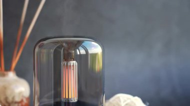 Ev kokusu yayıcı ve esaslı yağ. Modern hava nemlendirici evde. Evde yaşamanın rahatlığını artırmak için. Ultrasonik parfüm buhar teknolojisi