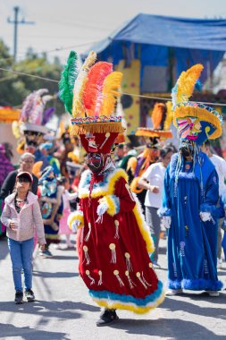 Meksika, Estado de Mexico-01-29-2023: Ecatzingo Edo 'da düzenlenen bir karnavalda Los Chinelos' un geleneksel dansı. Mex..