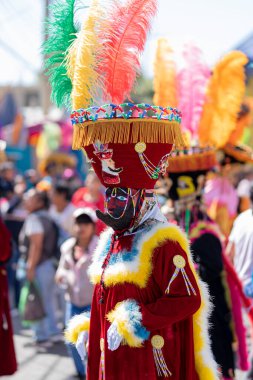 Meksika, Estado de Mexico-01-29-2023: Ecatzingo Edo 'da düzenlenen bir karnavalda Los Chinelos' un geleneksel dansı. Mex..
