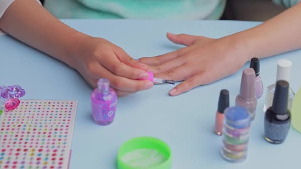 Close Hands Young Teenager Painting Her Nails Home Blue Table — Stock Video
