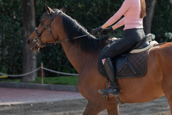 Nierozpoznana Kobieta Ujeżdżająca Konia Ośrodku Jeździeckim — Zdjęcie stockowe