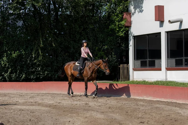 Mladá Žena Jezdící Koni Jezdeckém Centru Při Tréninku — Stock fotografie