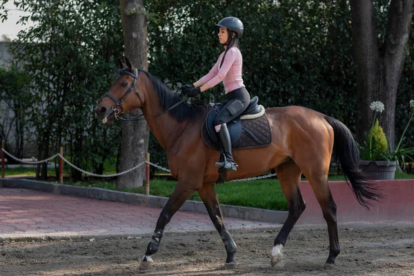 Uma Jovem Montadora Montando Cavalo Uma Aula Equitação — Fotografia de Stock